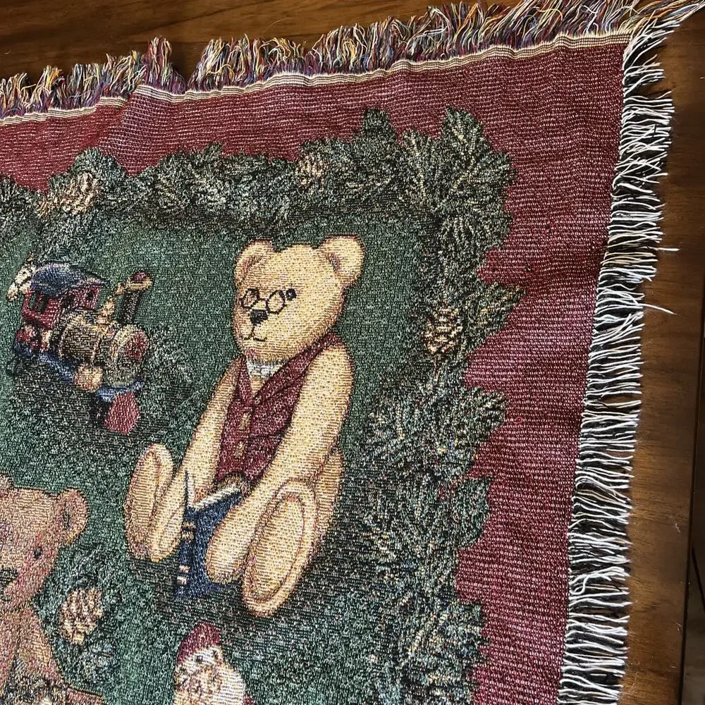 Christmas Teddy Bear Tapestry Fringe Throw Blanket Holiday Decor 52 x46